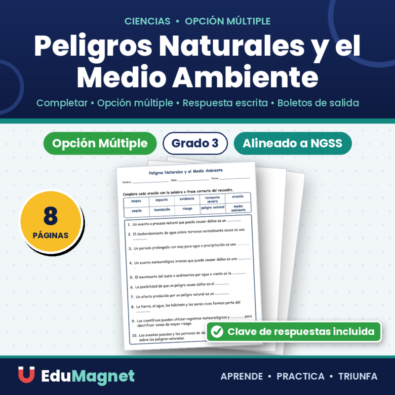 Peligros Naturales y el Medio Ambiente Completar MCQ Escritas Boletos Hoja de Trabajo NGSS Grado 3
