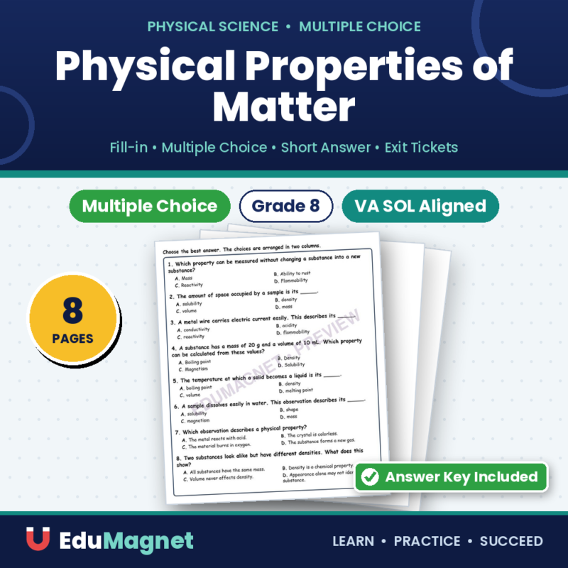 Physical Properties Of Matter Fill MCQ Written Exit Tickets Worksheet SOL Physical Science