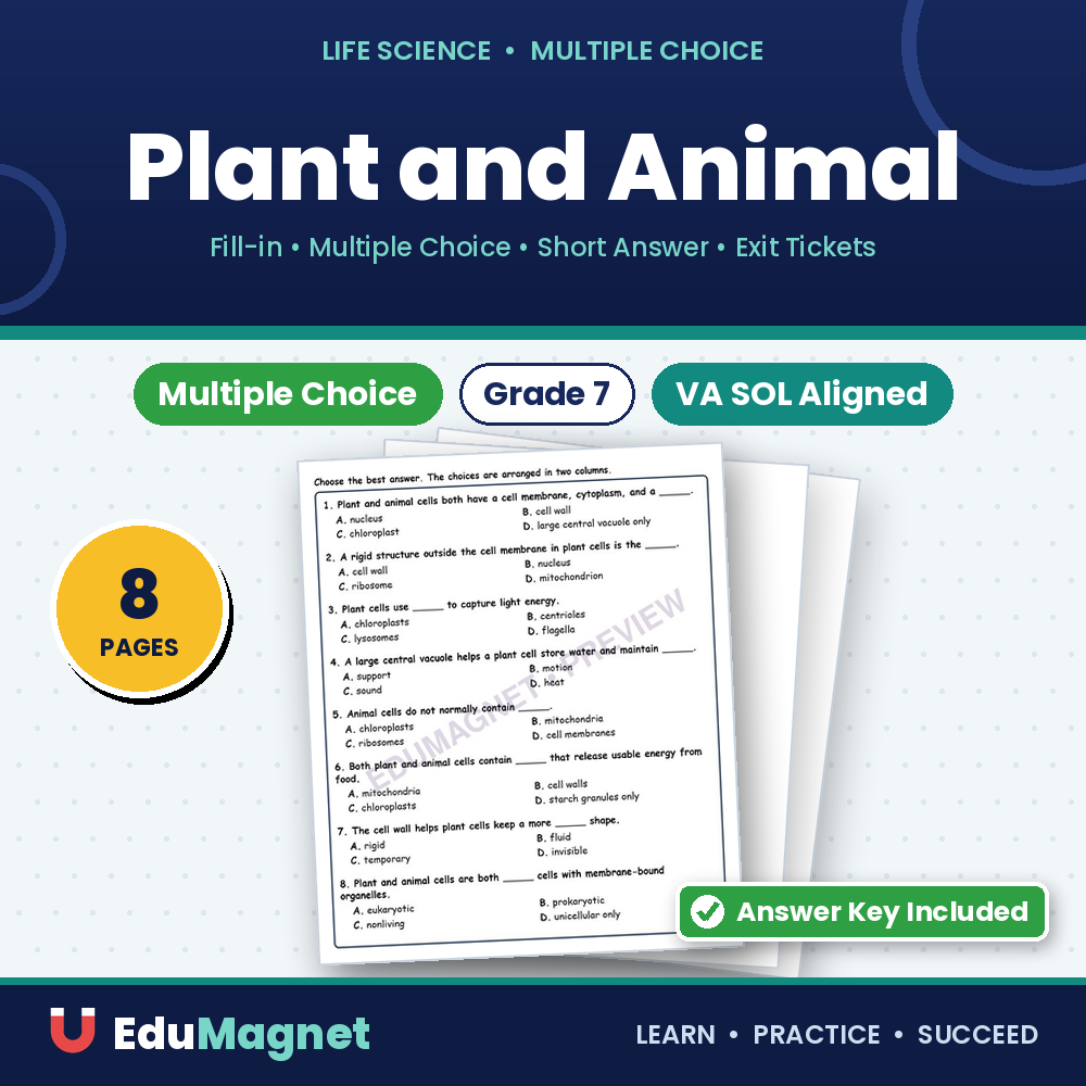 Plant And Animal Fill MCQ Written Exit Tickets Worksheet SOL Life Science