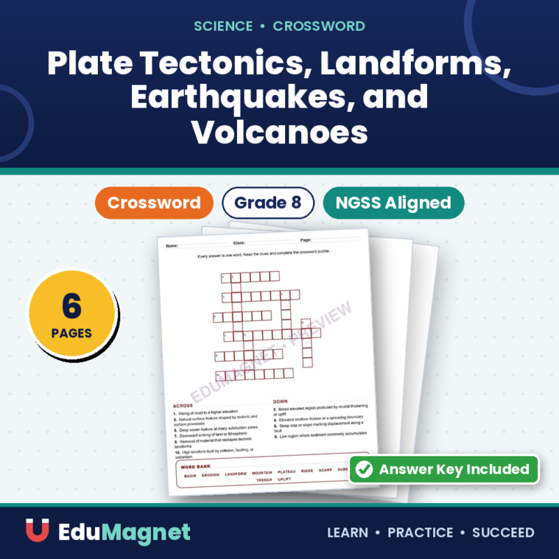 Plate Tectonics, Landforms, Earthquakes, And Volcanoes (Crossword Worksheets) Grade 8 NGSS Unit 8