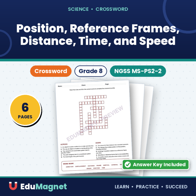 Position, Reference Frames, Distance, Time, And Speed (Crossword Worksheets) NGSS MS PS2 2