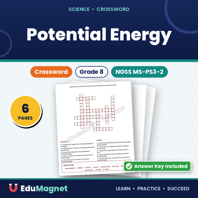 Potential Energy (Crossword Worksheets) NGSS MS PS3 2