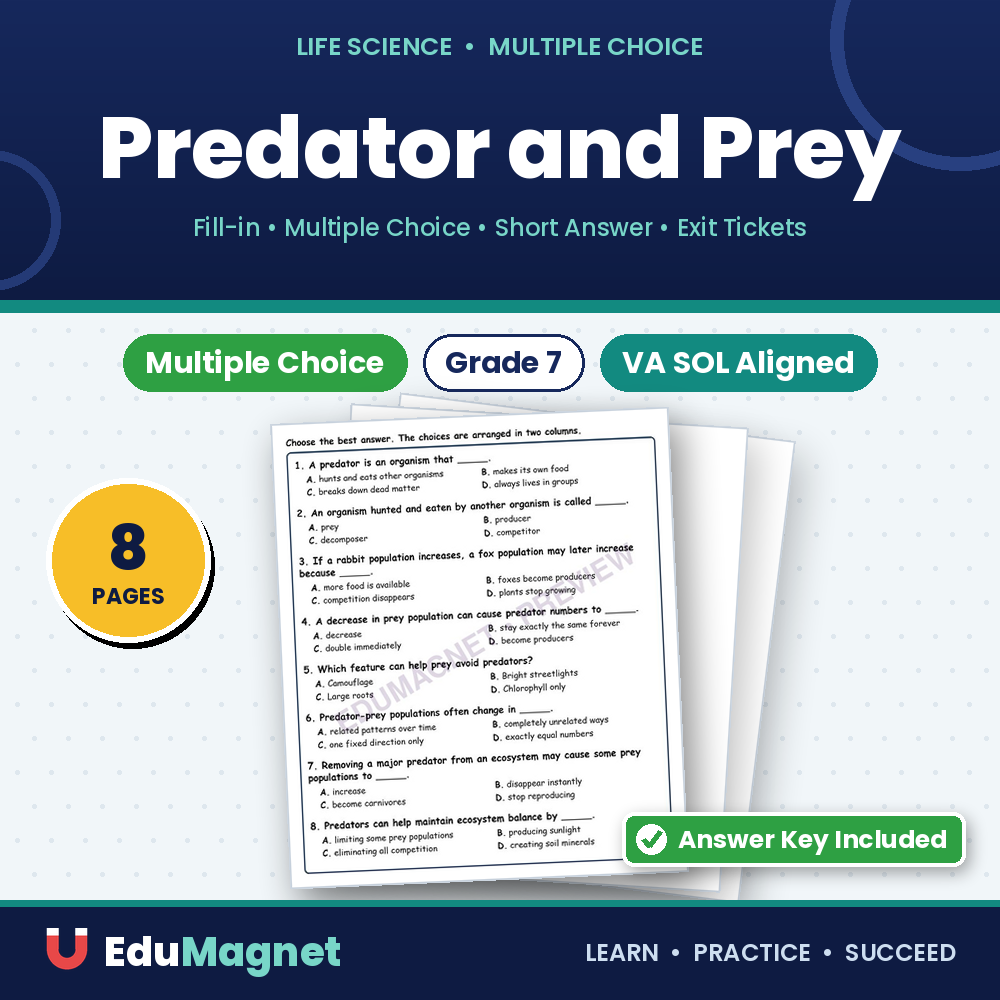 Predator And Prey Fill MCQ Written Exit Tickets Worksheet SOL Life Science