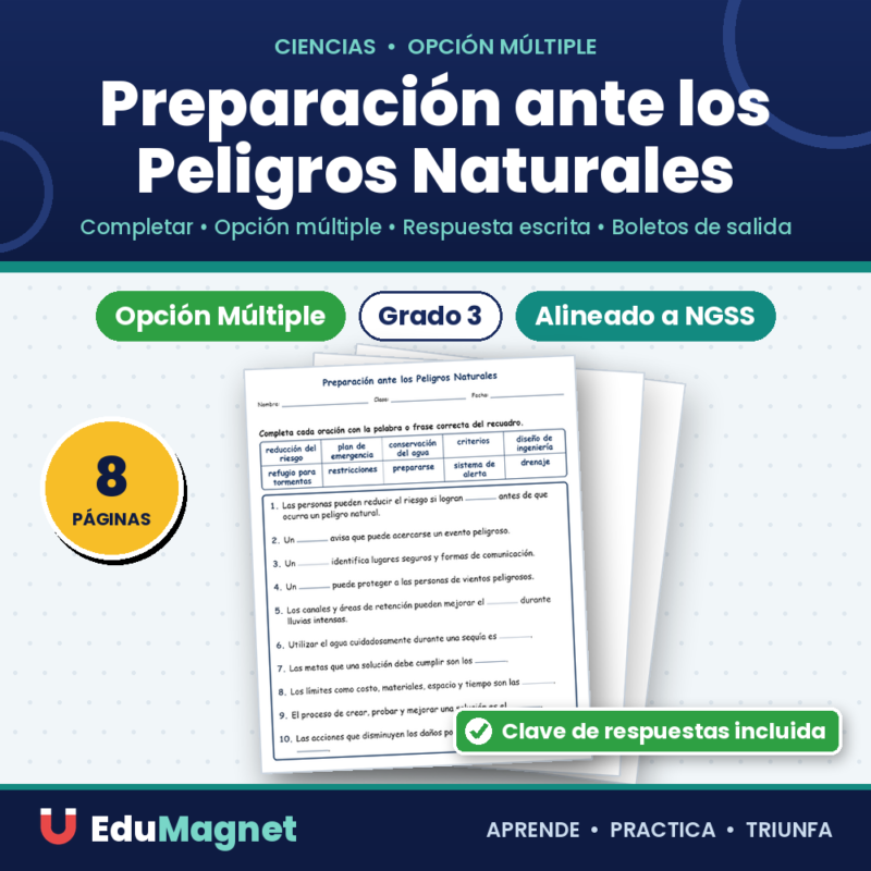 Preparación ante los Peligros Naturales Completar MCQ Escritas Boletos Hoja de Trabajo NGSS Grado 3
