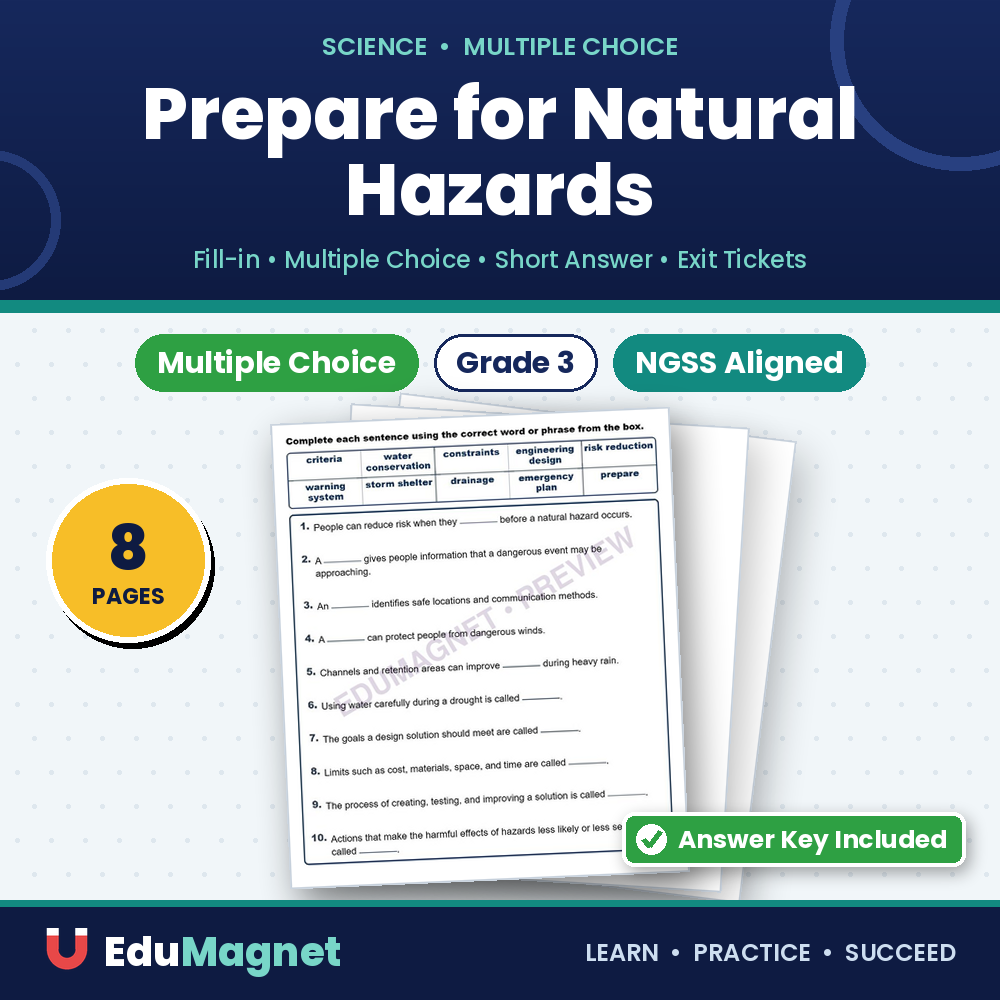 Prepare For Natural Hazards Fill MCQ Written Exit Tickets Worksheet NGSS Grade 3