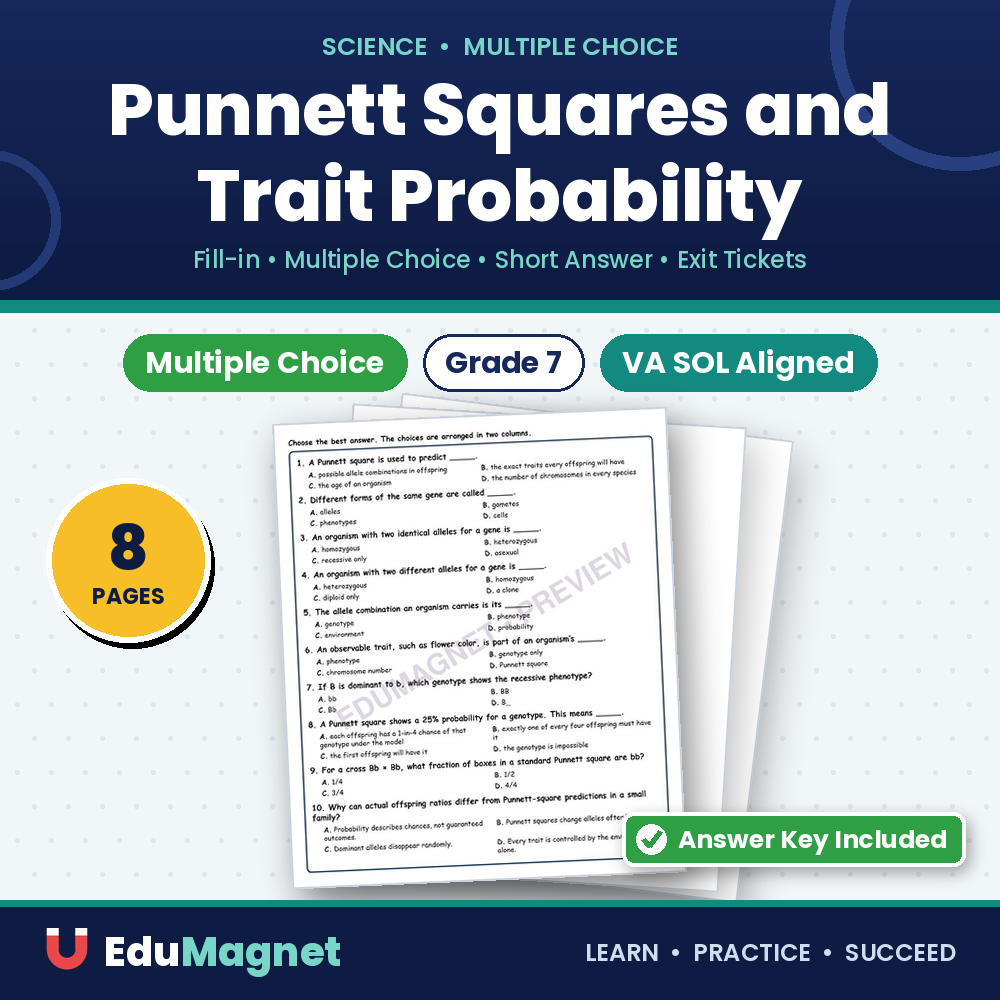Punnett Squares And Trait Probability MCQ Fill Written Exit Worksheet SOL