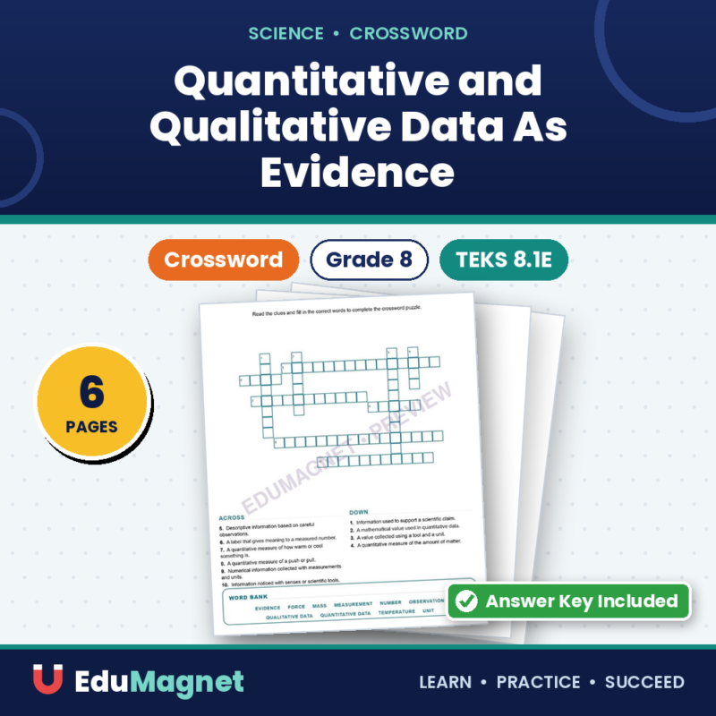 Quantitative And Qualitative Data As Evidence (Crossword Worksheets) Science TEKS 8.1E