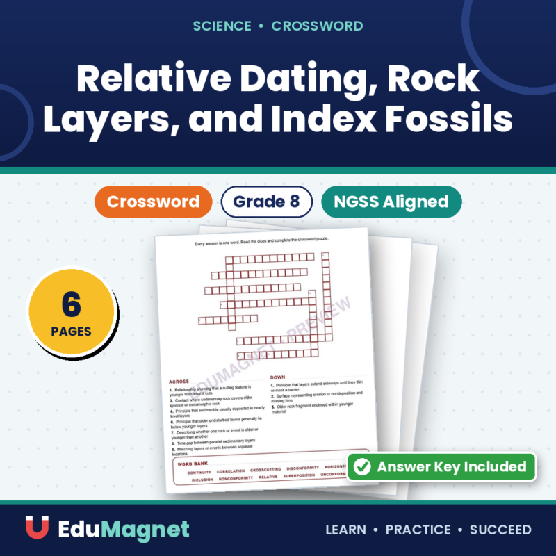 Relative Dating, Rock Layers, And Index Fossils (Crossword Worksheets) Grade 8 NGSS Unit 8