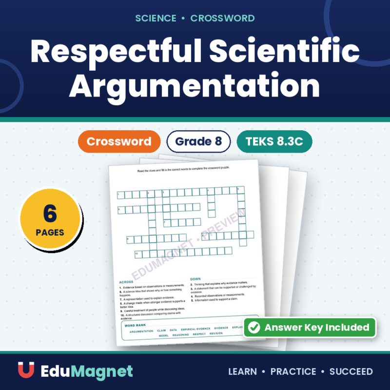 Respectful Scientific Argumentation (Crossword Worksheets) Science TEKS 8.3C