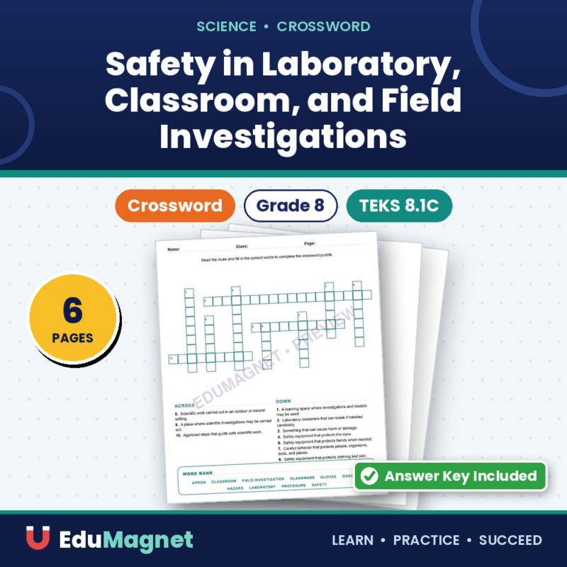 Safety In Laboratory, Classroom, And Field Investigations (Crossword Worksheets) Science TEKS 8.1C