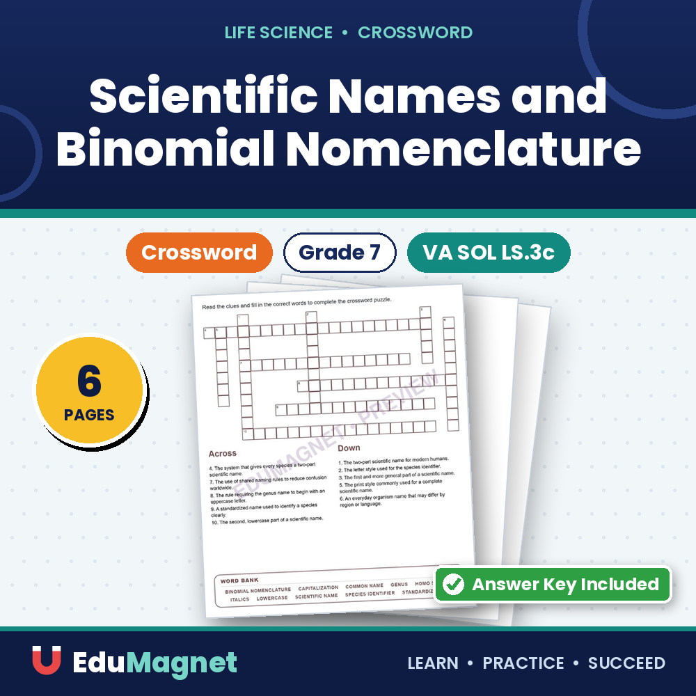 Scientific Names And Binomial Nomenclature (Crossword Worksheets) Virginia SOL LS.3c