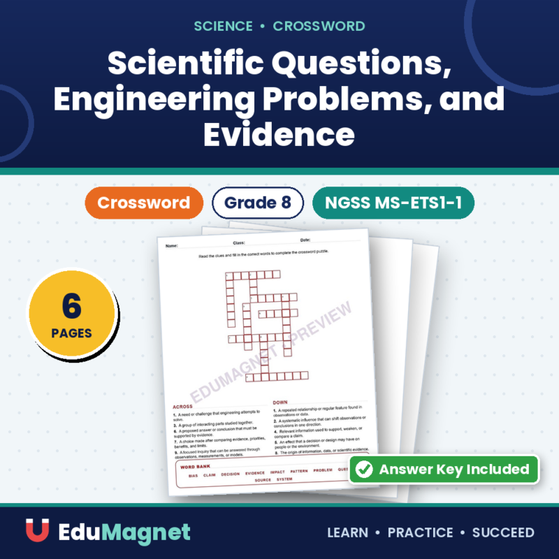 Scientific Questions, Engineering Problems, And Evidence (Crossword Worksheets) NGSS MS ETS1 1