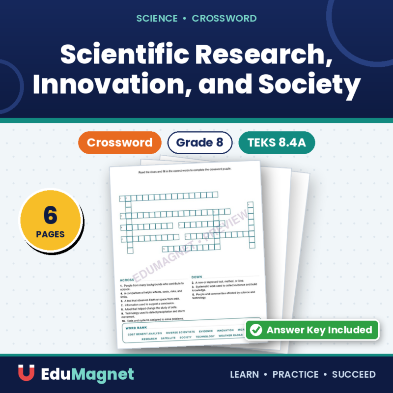 Scientific Research, Innovation, And Society (Crossword Worksheets) Science TEKS 8.4A