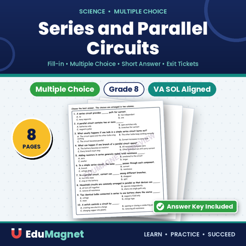Series And Parallel Circuits MCQ Fill Written Exit Worksheet SOL Grade 8