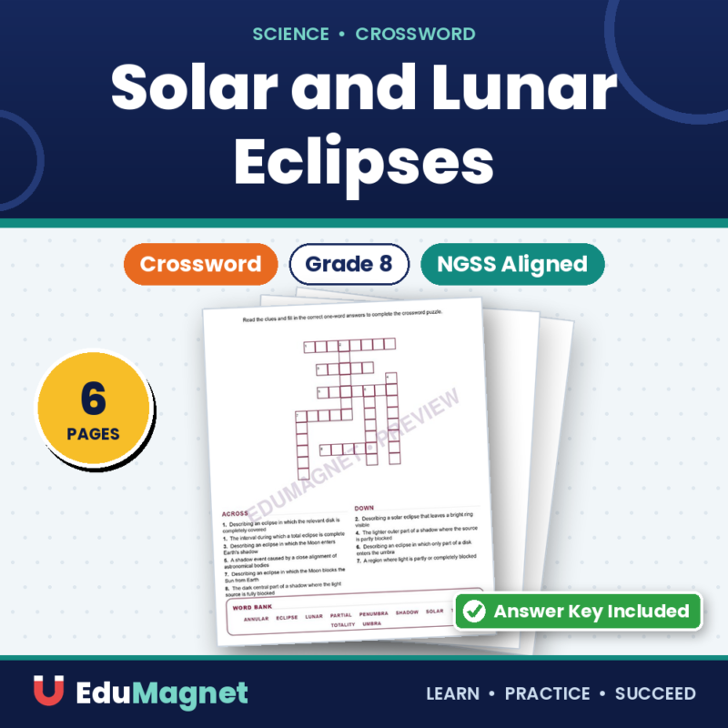 Solar And Lunar Eclipses (Crossword Worksheets) Grade 8 NGSS