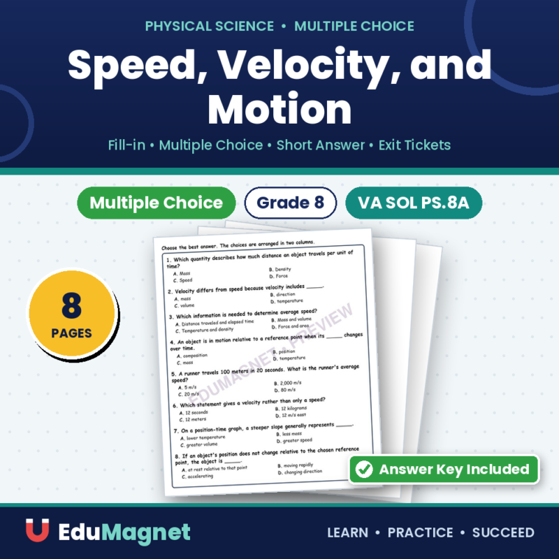 Speed, Velocity, And Motion Physical Science Virginia SOL PS.8A MCQ Fill Short E