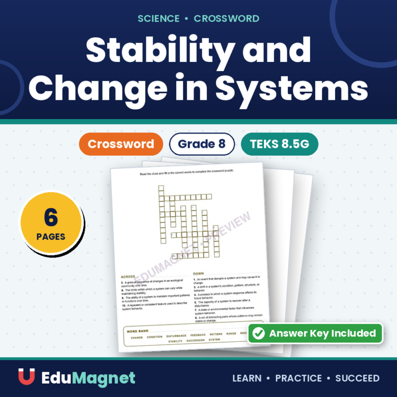 Stability And Change In Systems (Crossword Worksheets) Grade 8 Science TEKS 8.5G