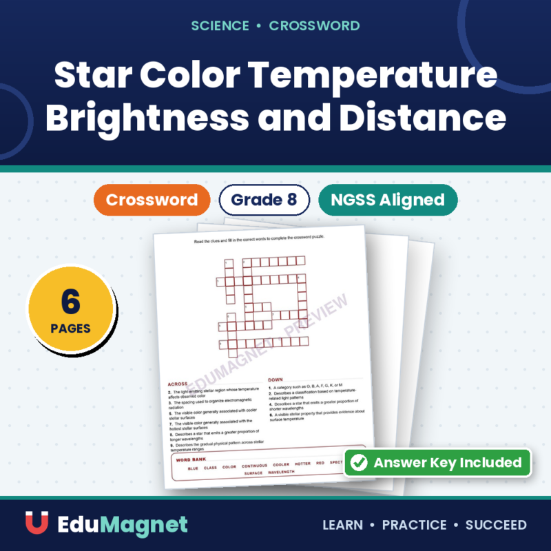 Star Color Temperature Brightness And Distance (Crossword Worksheets) Grade 8 NGSS