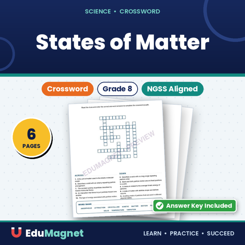 States Of Matter Crossword Worksheets Grade 8 Science