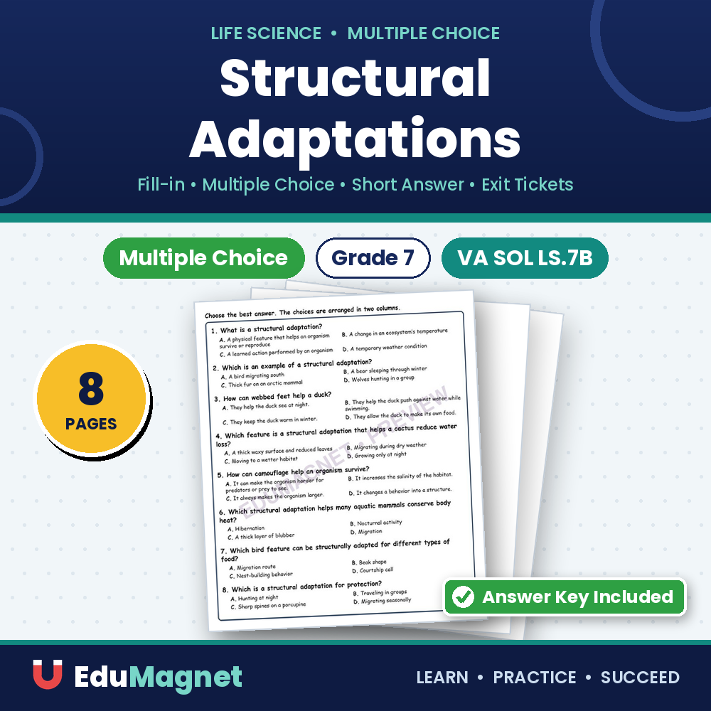 Structural Adaptations Life Science Virginia SOL LS.7B MCQ Fill Short Exit Works