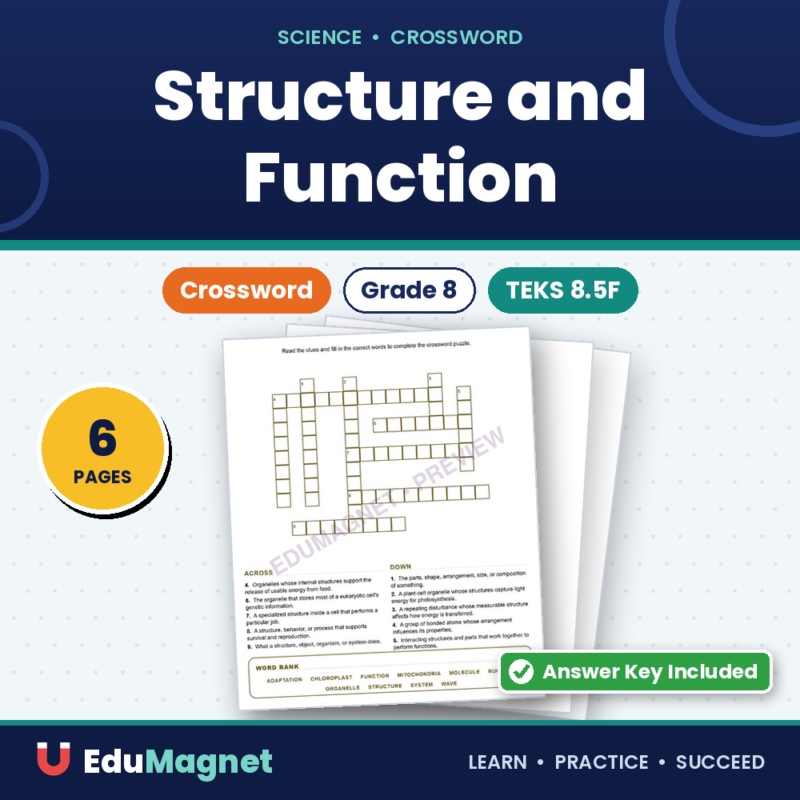 Structure And Function (Crossword Worksheets) Grade 8 Science TEKS 8.5F