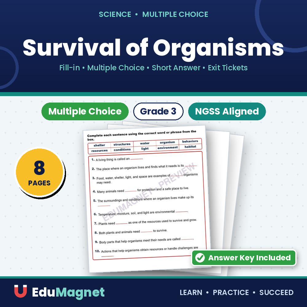 Survival Of Organisms Fill MCQ Written Exit Tickets Worksheet NGSS Grade 3