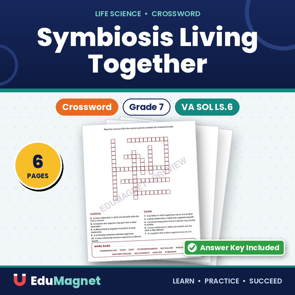 Symbiosis Living Together (Crossword Worksheets) Virginia SOL LS.6 And LS.7