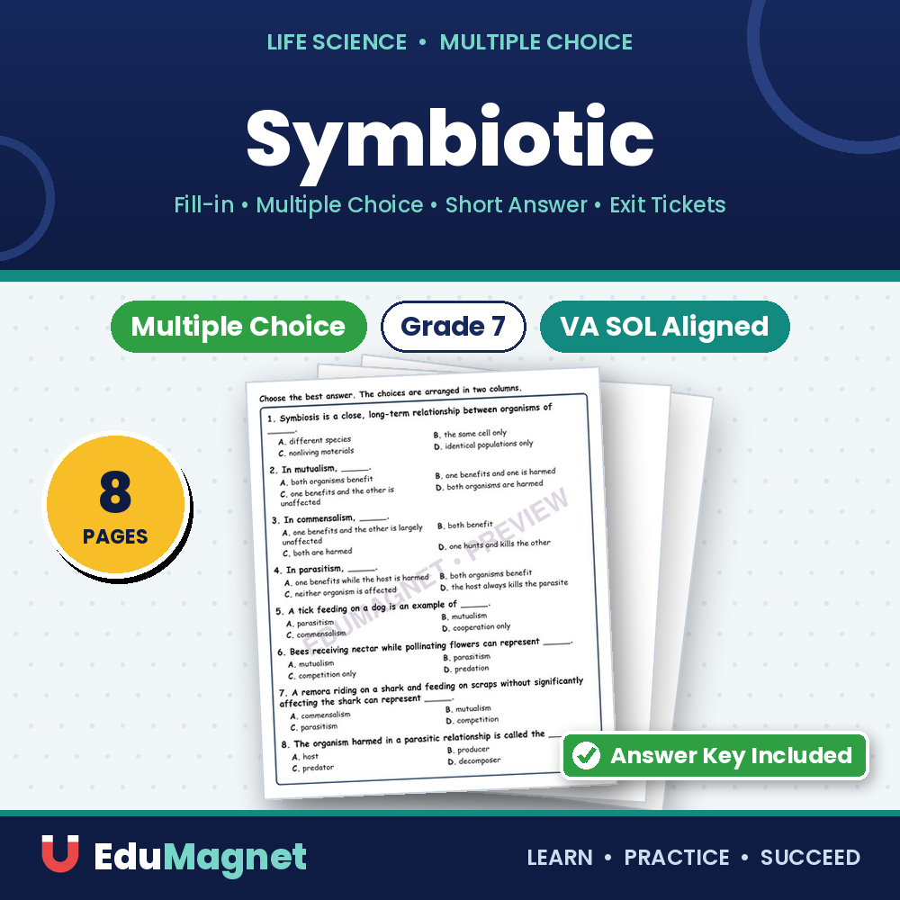 Symbiotic Fill MCQ Written Exit Tickets Worksheet SOL Life Science
