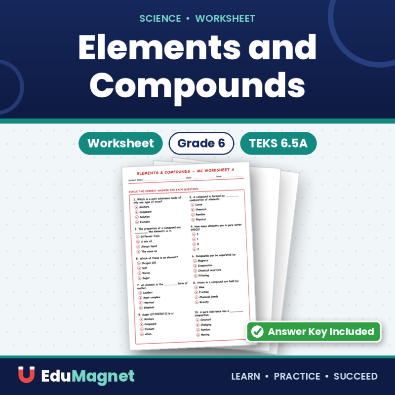 TEKS 6.5 A Elements and Compounds Science Worksheet.