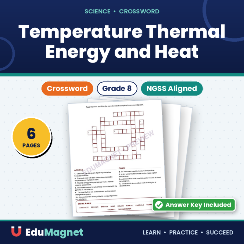 Temperature Thermal Energy And Heat (Crossword Worksheets) Grade 8 Science
