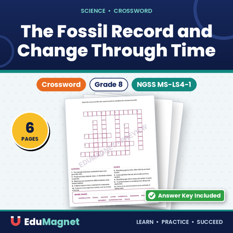 The Fossil Record And Change Through Time (Crossword Worksheets) Grade 8 NGSS MS LS4 1