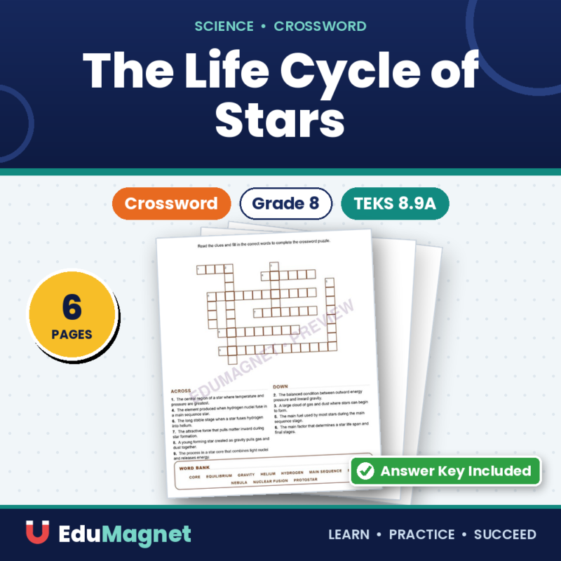 The Life Cycle Of Stars (Crossword Worksheets) Grade 8 Science TEKS 8.9A