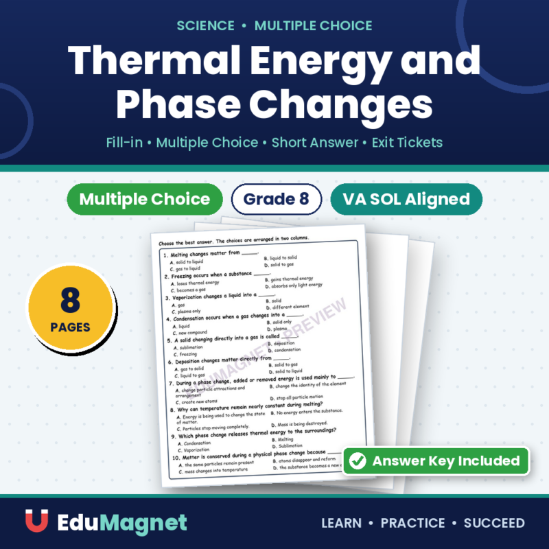 Thermal Energy And Phase Changes MCQ Fill Written Exit Tickets Worksheet SOL