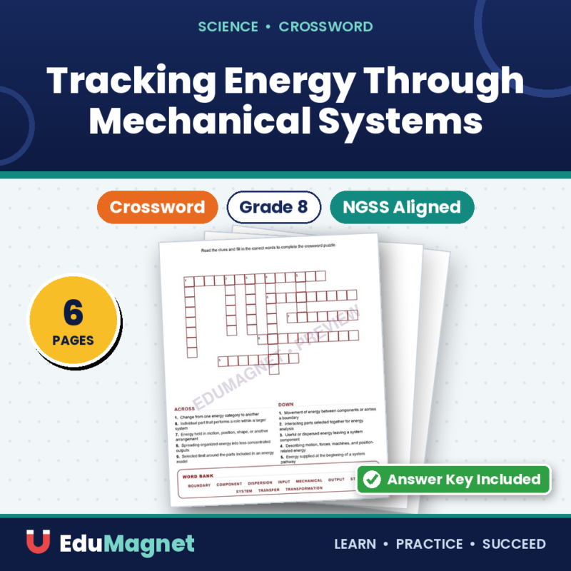 Tracking Energy Through Mechanical Systems (Crossword Worksheets) NGSS MS PS3