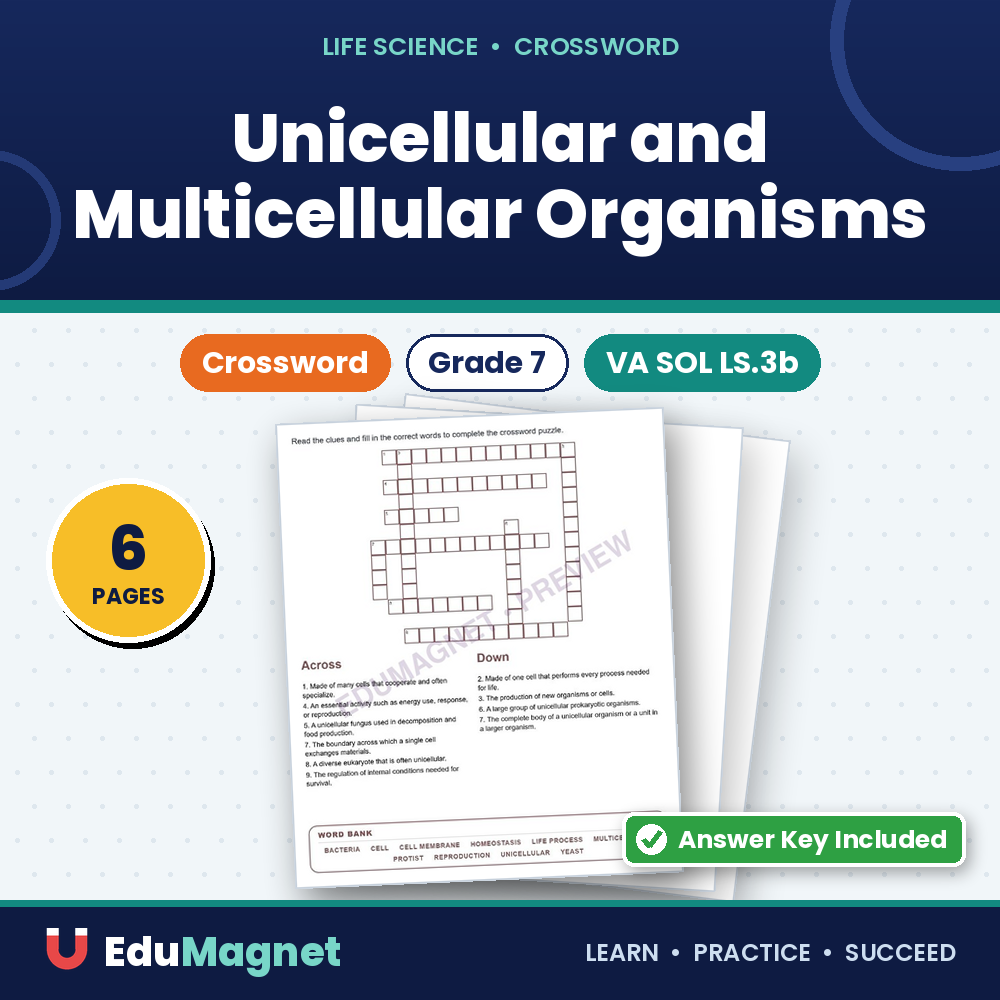 Unicellular And Multicellular Organisms (Crossword Worksheets) Virginia SOL LS.3b