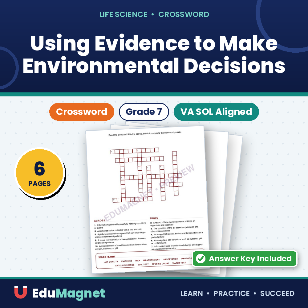 Using Evidence To Make Environmental Decisions (Crossword Worksheets) Virginia Grade 7 Life Science Unit 8