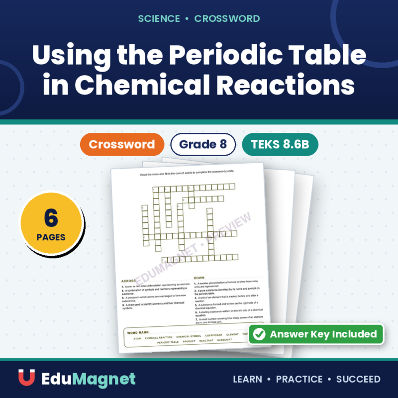 Using The Periodic Table In Chemical Reactions (Crossword Worksheets) Grade 8 Science TEKS 8.6B