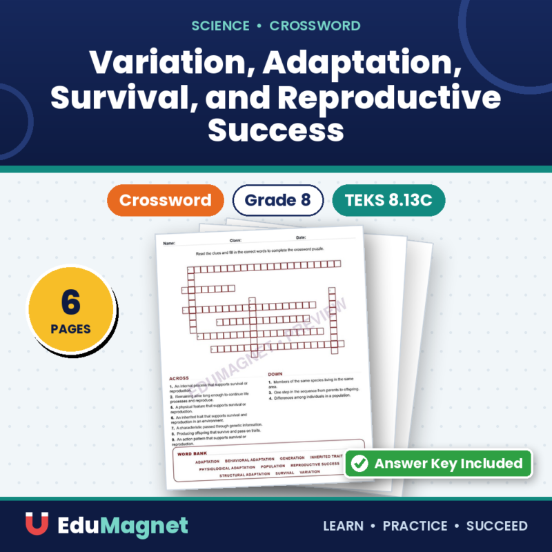 Variation, Adaptation, Survival, And Reproductive Success (Crossword Worksheets) Grade 8 Science TEKS 8.13C