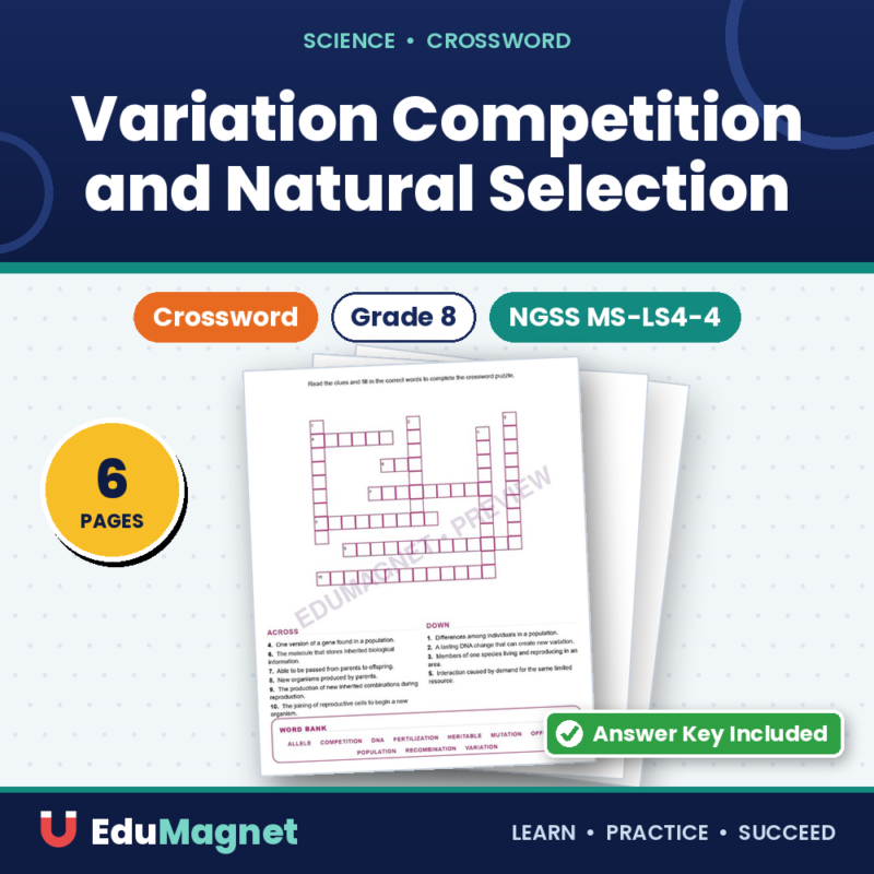 Variation Competition And Natural Selection (Crossword Worksheets) Grade 8 NGSS MS LS4 4