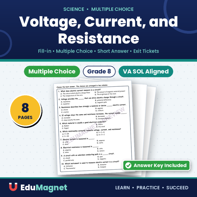 Voltage, Current, And Resistance MCQ Fill Written Exit Worksheet SOL Grade 8