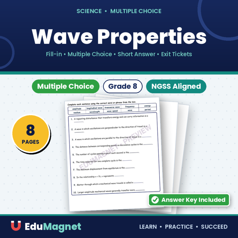 Wave Properties Fill MCQ Written Exit Tickets Worksheet NGSS Grade 8