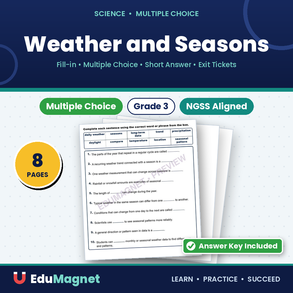 Weather And Seasons Fill MCQ Written Exit Tickets Worksheet NGSS Grade 3