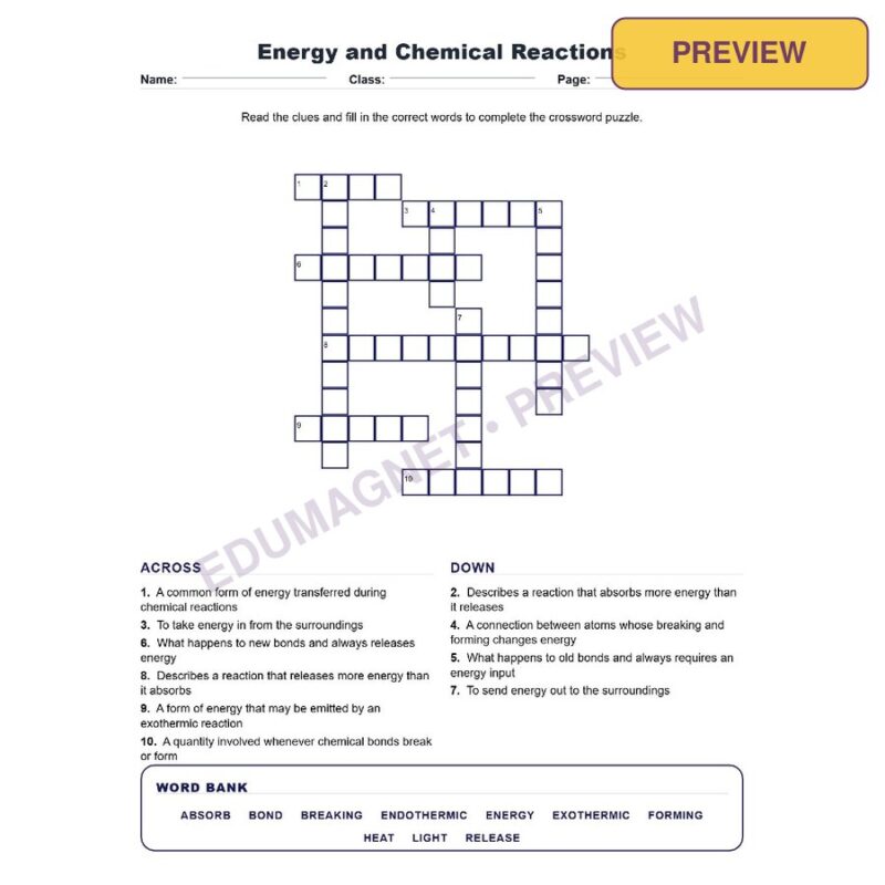 Energy And Chemical Reactions (Crossword Worksheets) Grade 8 Science Chapter 4