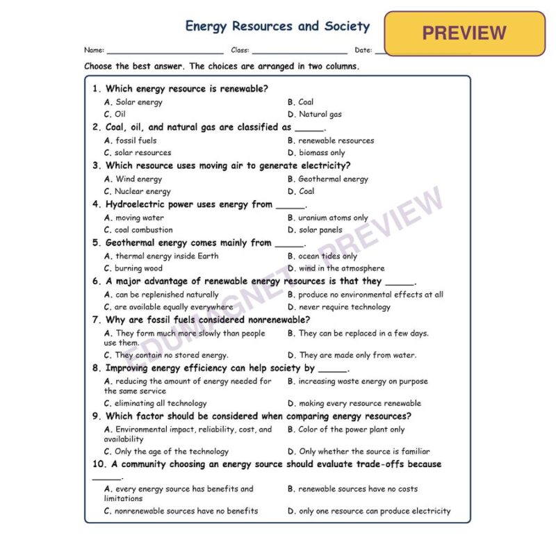 Energy Resources And Society MCQ Fill Written Exit Tickets Worksheet SOL Gra