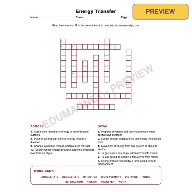 Energy Transfer (Crossword Worksheets) NGSS MS PS3 5