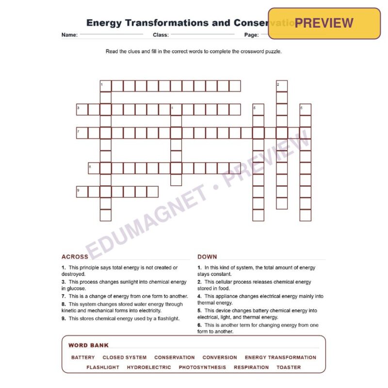 Energy Transformations Conservation (Crossword Worksheets) Grade 8 Science