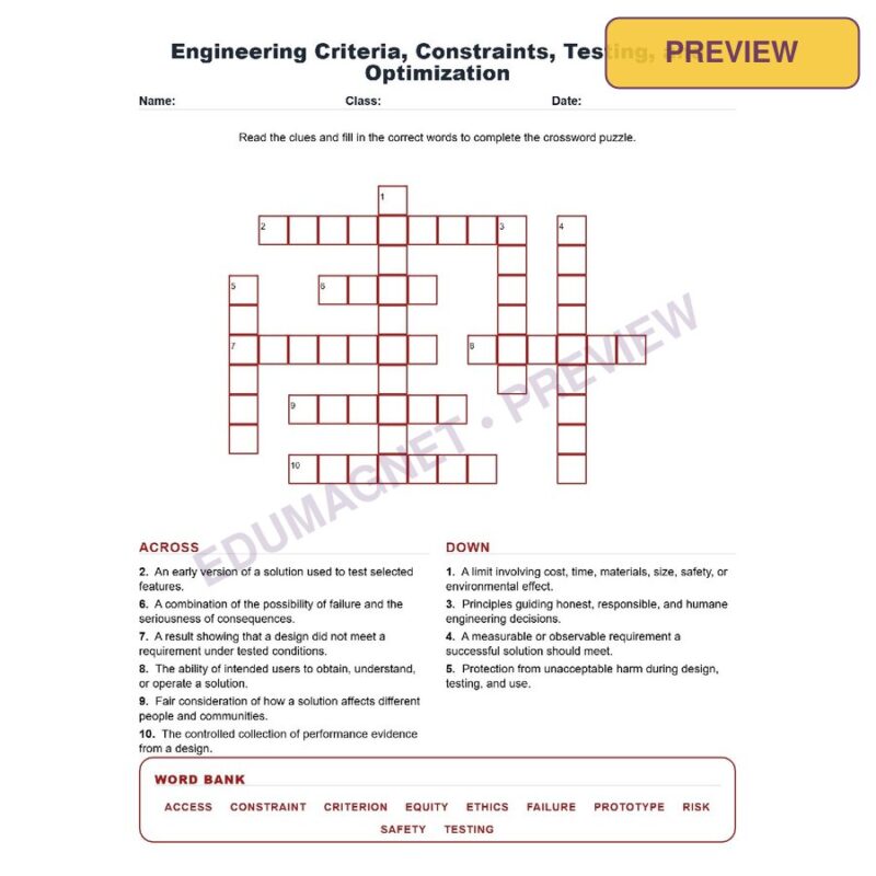 Engineering Criteria, Constraints, Testing, And Optimization (Crossword Worksheets) NGSS MS ETS1 1 Through MS ETS1 4