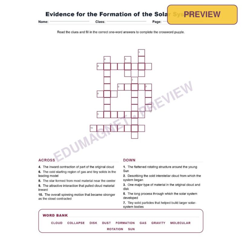Evidence For The Formation Of The Solar System (Crossword Worksheets) Grade 8 NGSS