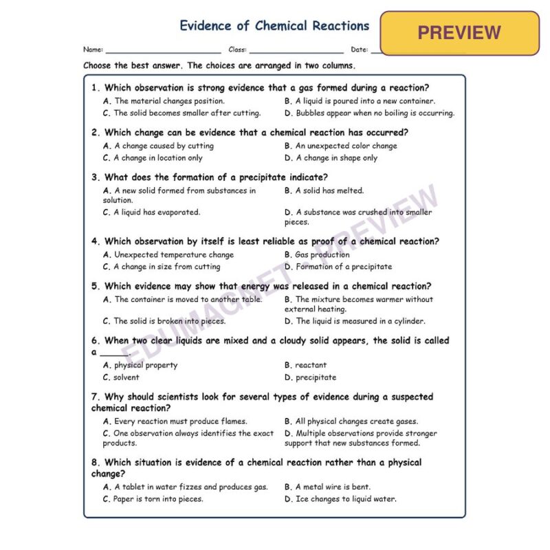 Evidence Of Chemical Reactions Physical Science Virginia SOL PS.3B MCQ Fill Shor