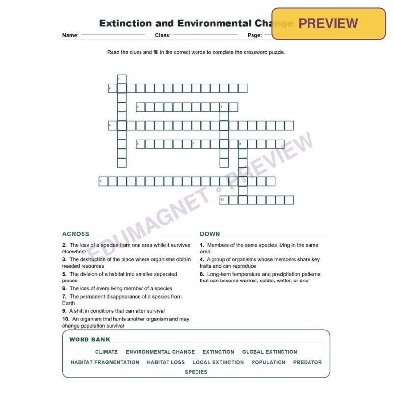 Extinction And Environmental Change (Crossword Worksheets) Virginia SOL LS.11